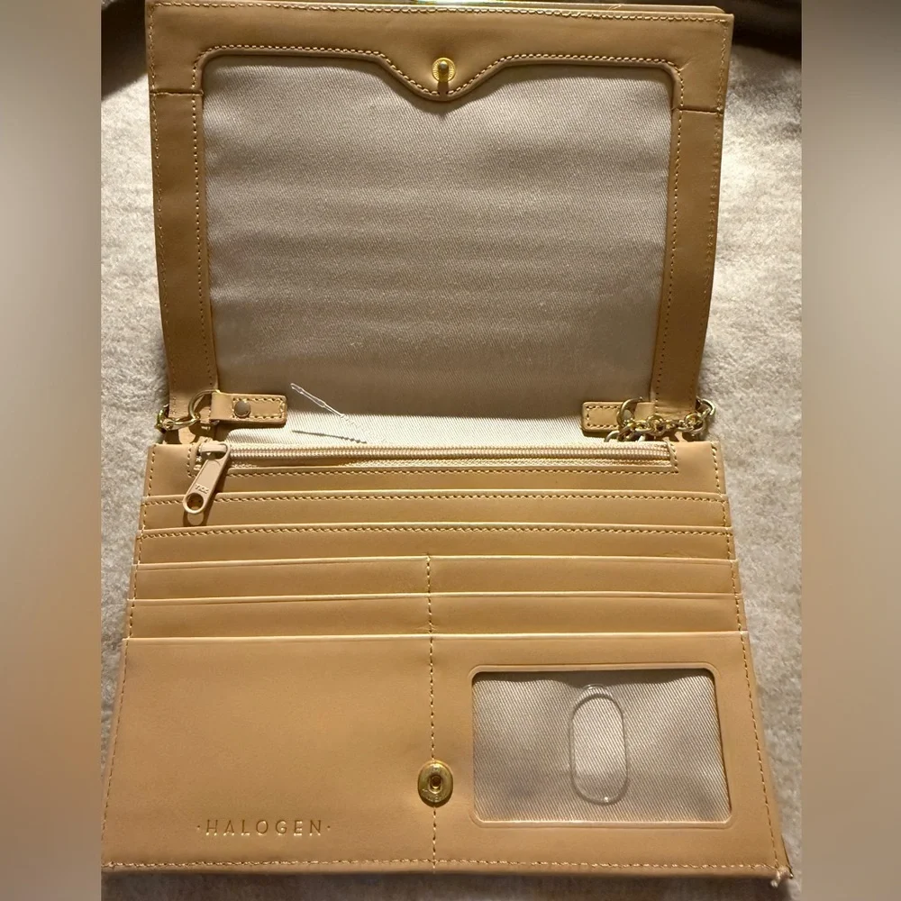 Nordstrom Halogen Peacock Blue Saffiano Leather Clutch Wallet Gold Chain Formal